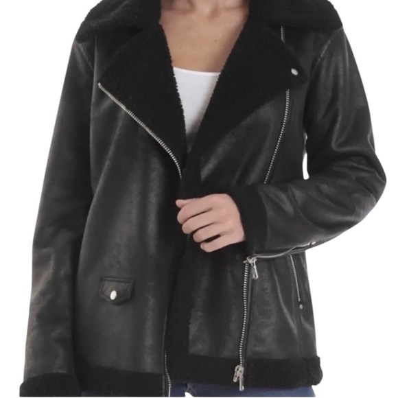 7 For All Mankind Jacket Womens Small Black Faux Leather Sherpa Fleece Moto - Picture 1 of 11